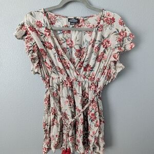 Angie Floral Ruffle Sleeve Blouse - Cream and Red